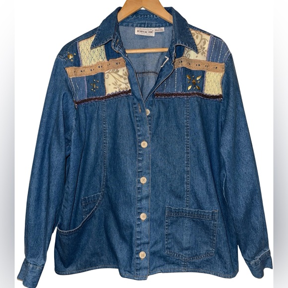 Brownstone Studio Vintage 90s Jean Jacket Denim Size 14 Western Embellished Boho - Picture 1 of 5